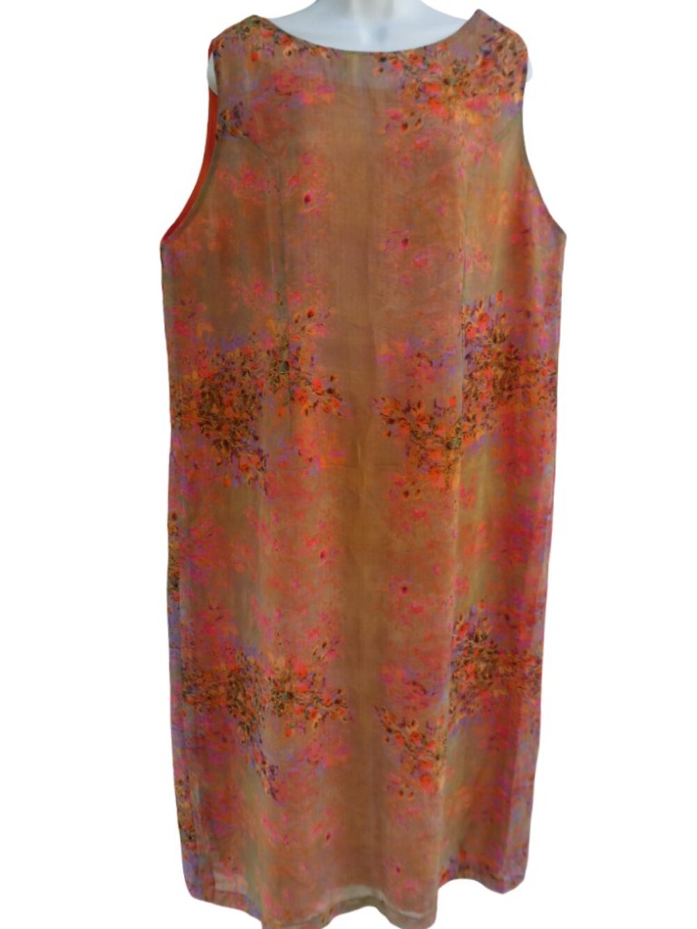 Vintage Maxi Dress Impressionistic Floral Sleeveless Silky Orange Pink Zip Lined
